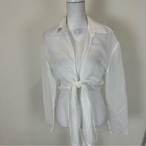 Zara White Sheer Crop Tie Front Top Size Large NWT